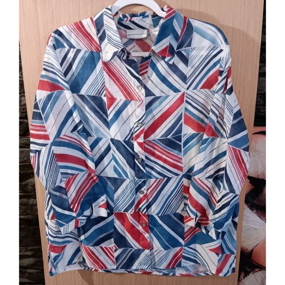 Alfred Dunner PLUS 16 Red White Blue Button Up Semi Sheer Shirt NO Camisole Top - Picture 1 of 5